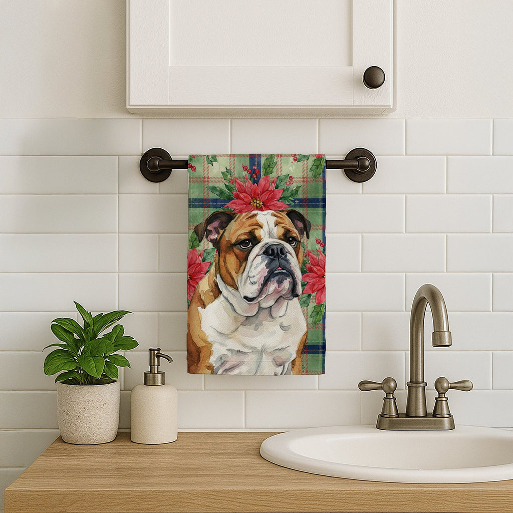 Brindle and White English Bulldog Christmas PoinsettIas Kitchen Towel Velour Plush Front and Cotton Loop Back Machine Washable