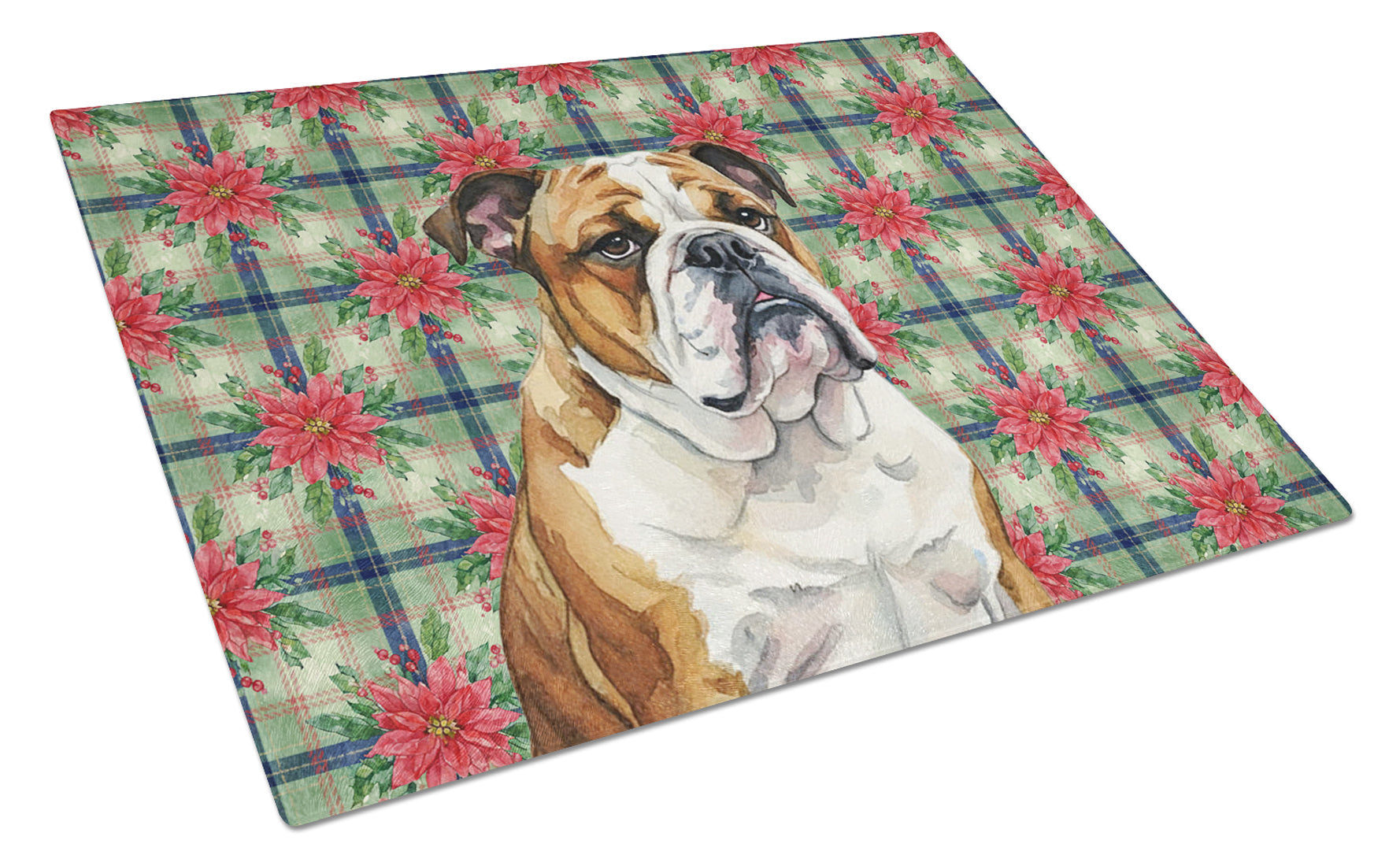 Brindle and White English Bulldog Christmas PoinsettIas Cutting Board Tempered Glass Kitchen Cutting Surface, Heat Resistant Chopping, Non-Slip Feet, Food Prep & Serving