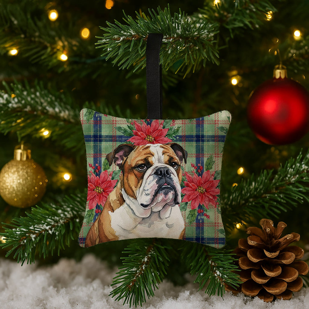 Brindle and White English Bulldog Christmas PoinsettIas Hanging Square Fabric Ornament 3.5 � 3.5 Decorative Door-Knob & Tree Hanger, Soft Fabric