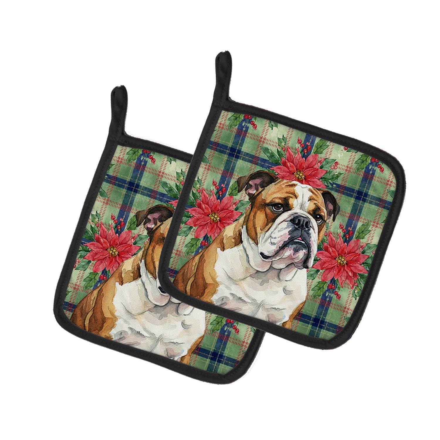 Brindle and White English Bulldog Christmas PoinsettIas Pot Holder Set of 2 Heat Resistant Quilted Hot Pads 7.5 x 7.5 Inch, Insulated Kitchen Trivets for Cooking & Baking