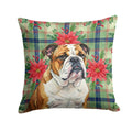 Brindle and White English Bulldog Christmas PoinsettIas Decorative Throw Pillow 14x14 Indoor Outdoor Accent Cushion, Fabric Cover with Insert for Sofa, Bed, Porch & Living Room