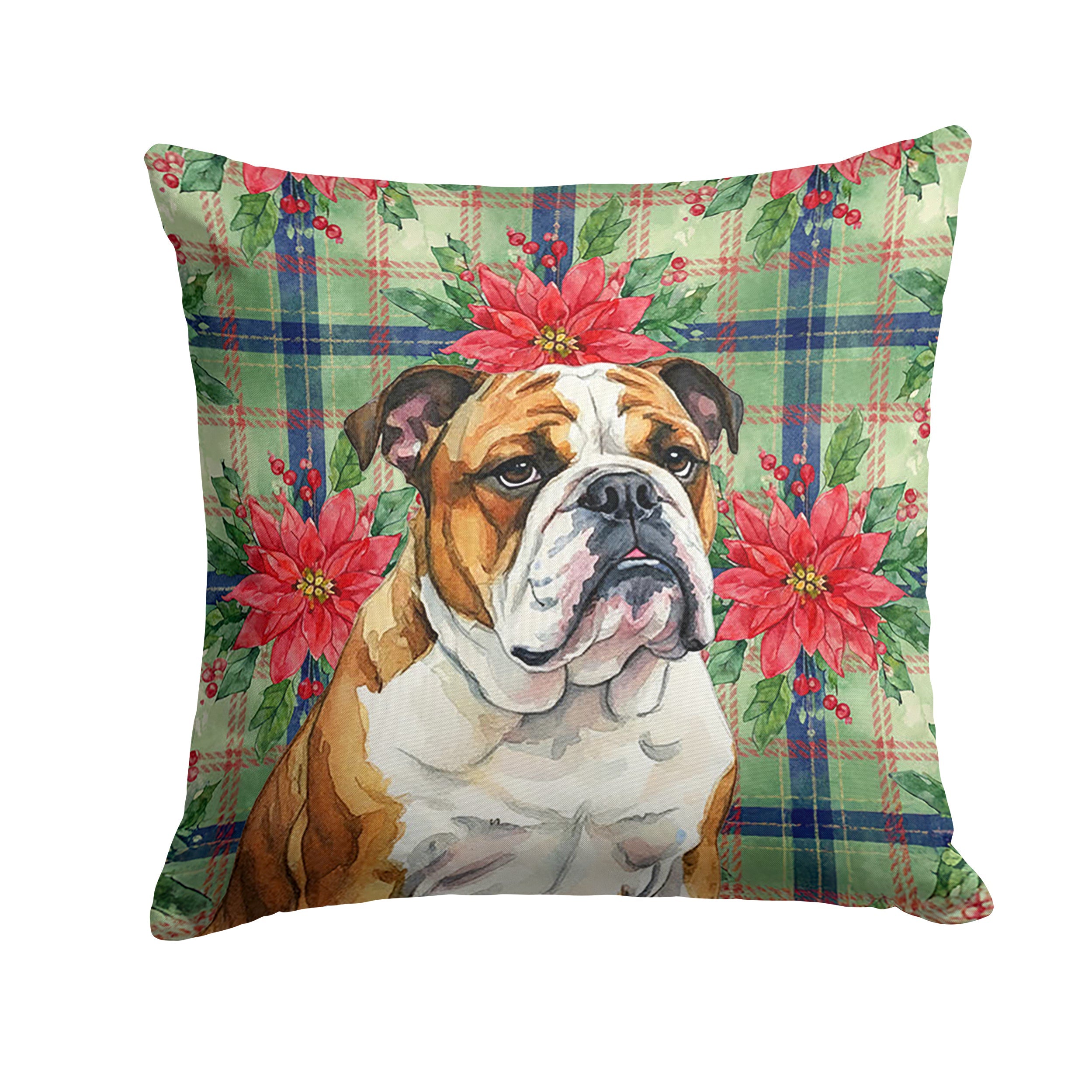 Brindle and White English Bulldog Christmas PoinsettIas Decorative Throw Pillow 18x18 Indoor Outdoor Accent Cushion, Fabric Cover with Insert for Sofa, Bed, Porch & Living Room