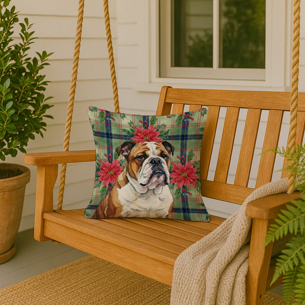 Brindle and White English Bulldog Christmas PoinsettIas Decorative Throw Pillow 18x18 Indoor Outdoor Accent Cushion, Fabric Cover with Insert for Sofa, Bed, Porch & Living Room