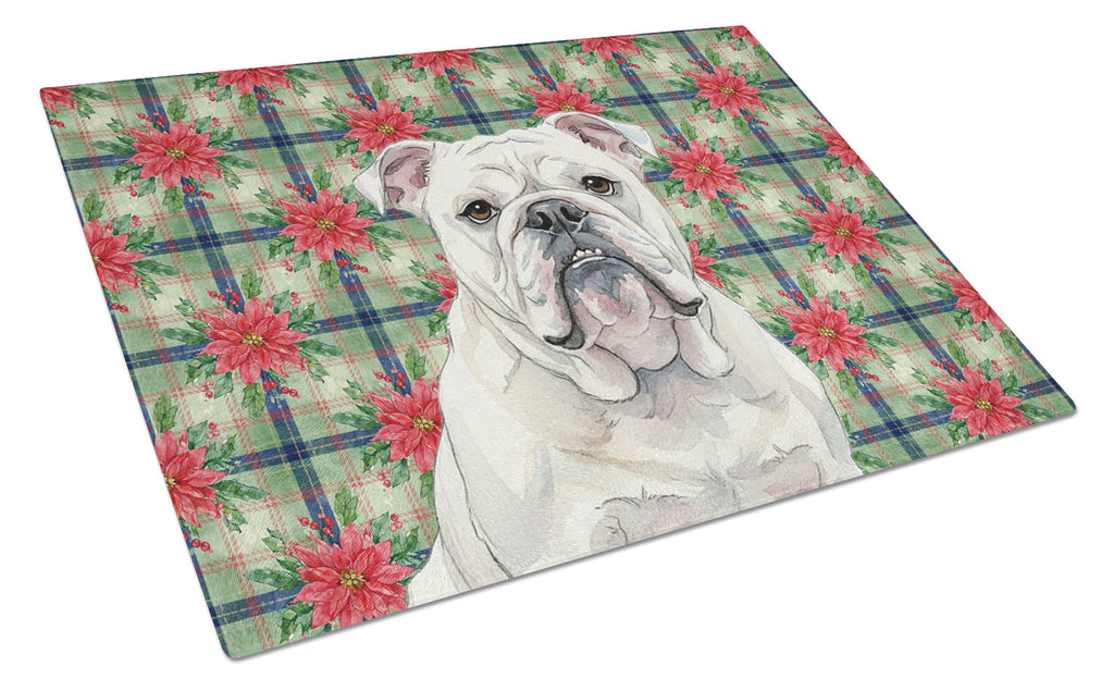 White English Bulldog Christmas PoinsettIas Cutting Board Tempered Glass Kitchen Cutting Surface, Heat Resistant Chopping, Non-Slip Feet, Food Prep & Serving