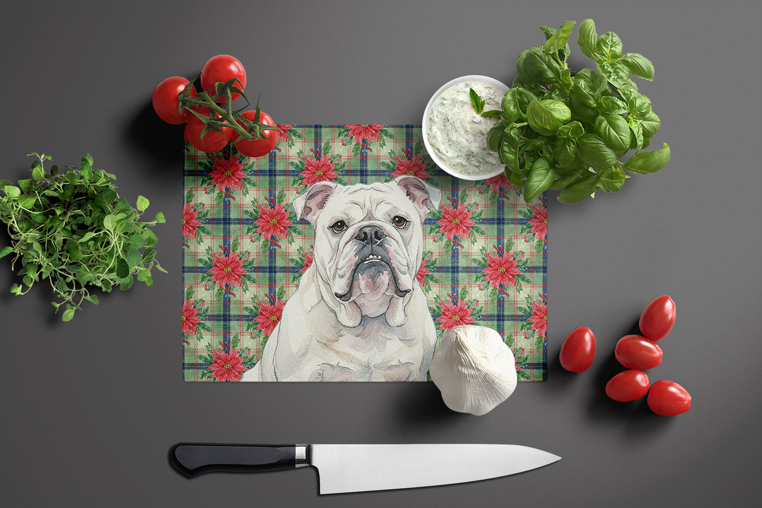 White English Bulldog Christmas PoinsettIas Cutting Board Tempered Glass Kitchen Cutting Surface, Heat Resistant Chopping, Non-Slip Feet, Food Prep & Serving