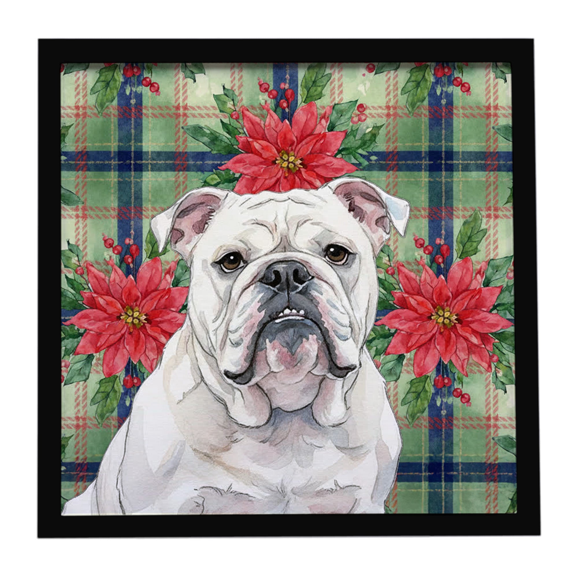 White English Bulldog Christmas PoinsettIas Framed Metal Print Bathroom, Kitchen, Office, Home Decor Wall Art Ready to Hang, Square, 8X8