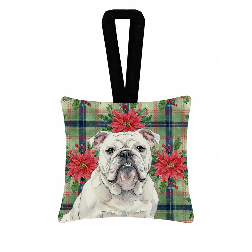White English Bulldog Christmas PoinsettIas Hanging Square Fabric Ornament 3.5 � 3.5 Decorative Door-Knob & Tree Hanger, Soft Fabric