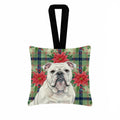 White English Bulldog Christmas PoinsettIas Hanging Square Fabric Ornament 3.5 � 3.5 Decorative Door-Knob & Tree Hanger, Soft Fabric