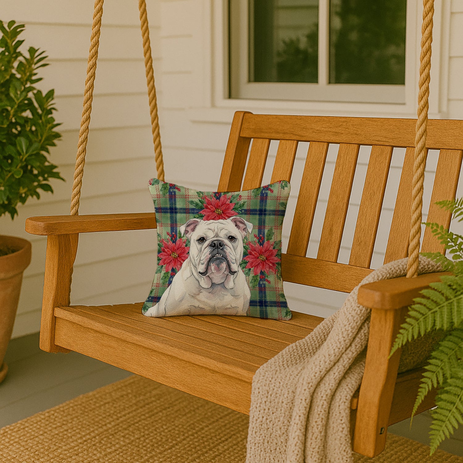 White English Bulldog Christmas PoinsettIas Decorative Throw Pillow 14x14 Indoor Outdoor Accent Cushion, Fabric Cover with Insert for Sofa, Bed, Porch & Living Room