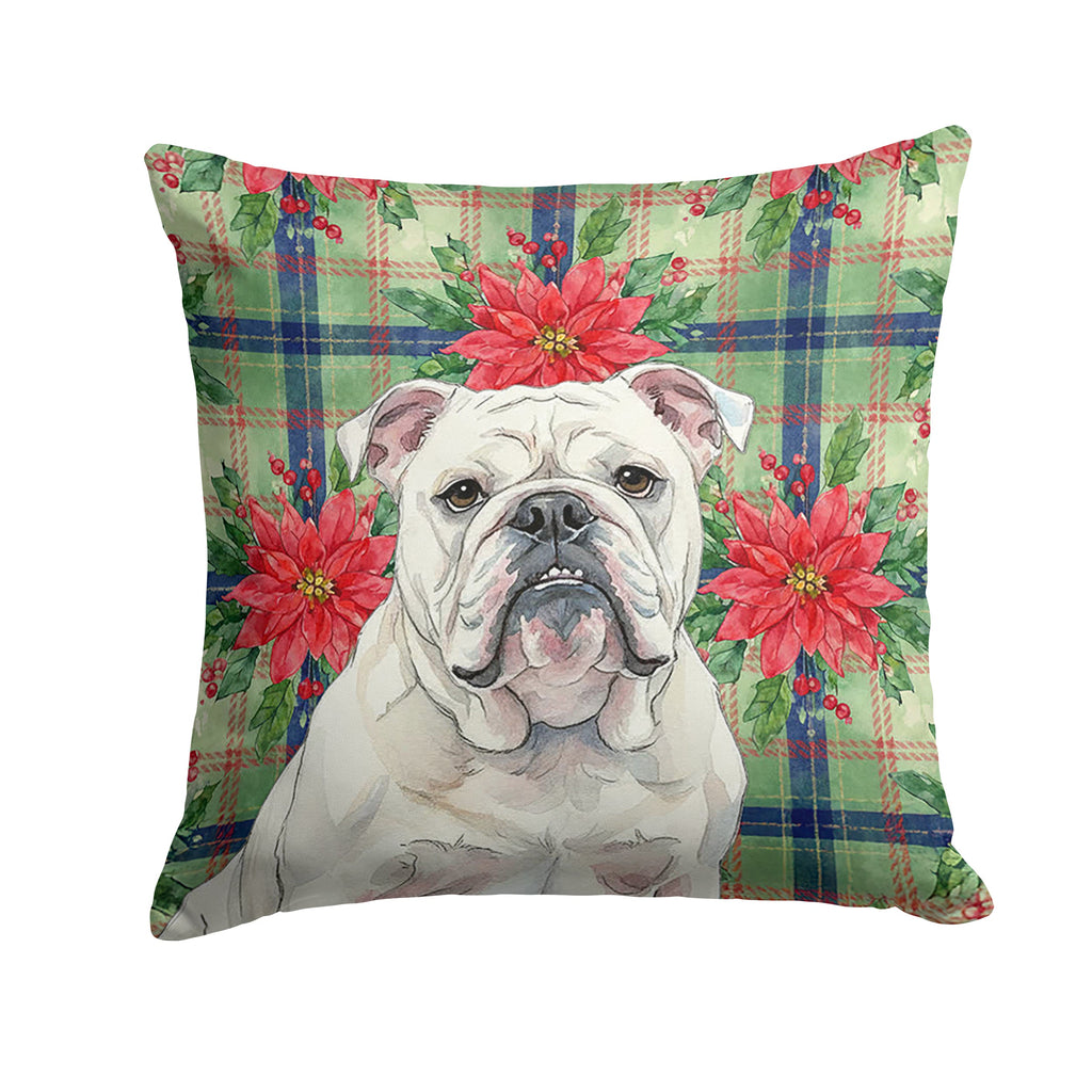 White English Bulldog Christmas PoinsettIas Decorative Throw Pillow 18x18 Indoor Outdoor Accent Cushion, Fabric Cover with Insert for Sofa, Bed, Porch & Living Room