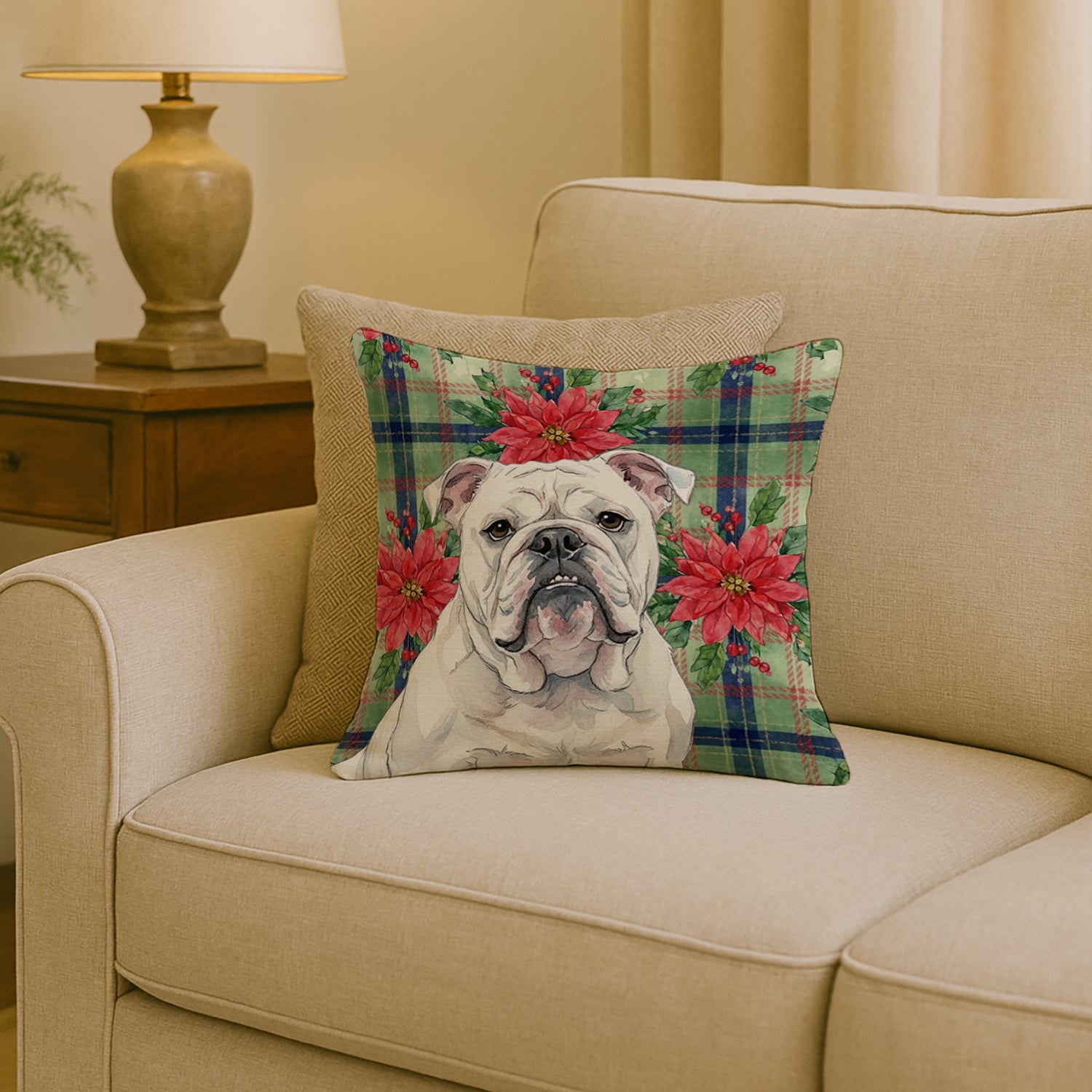 White English Bulldog Christmas PoinsettIas Decorative Throw Pillow 18x18 Indoor Outdoor Accent Cushion, Fabric Cover with Insert for Sofa, Bed, Porch & Living Room