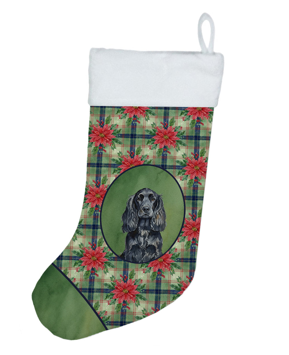 Black English Cocker Spaniel Christmas PoinsettIas Holiday Stocking Double-Sided Print, Polyester Suede,11x18, Made in USA