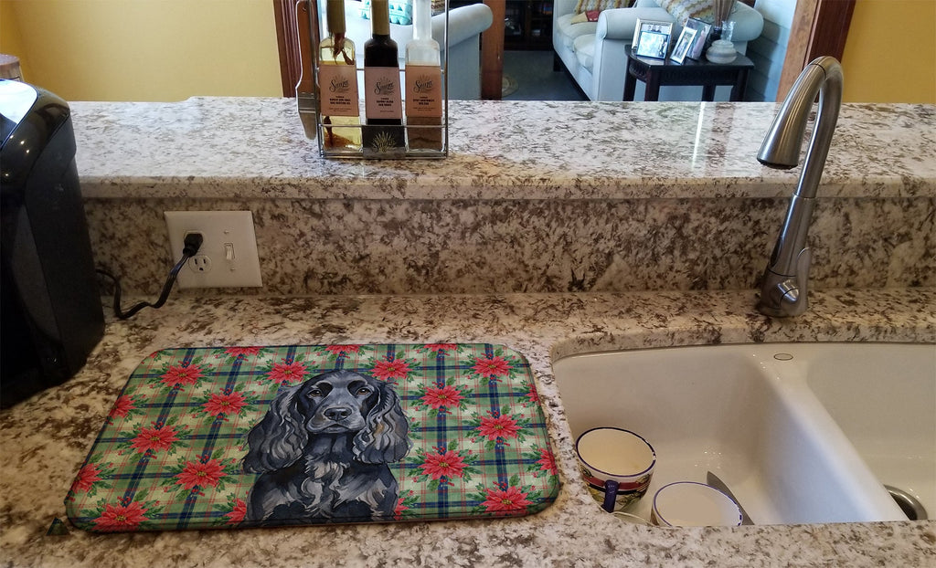 Black English Cocker Spaniel Christmas PoinsettIas Dish Drying Mat Absorbent Dish Drying Mat Pad for Kitchen Counter Dish Drainer Mat for Countertop, 14 x 21", Multicolor