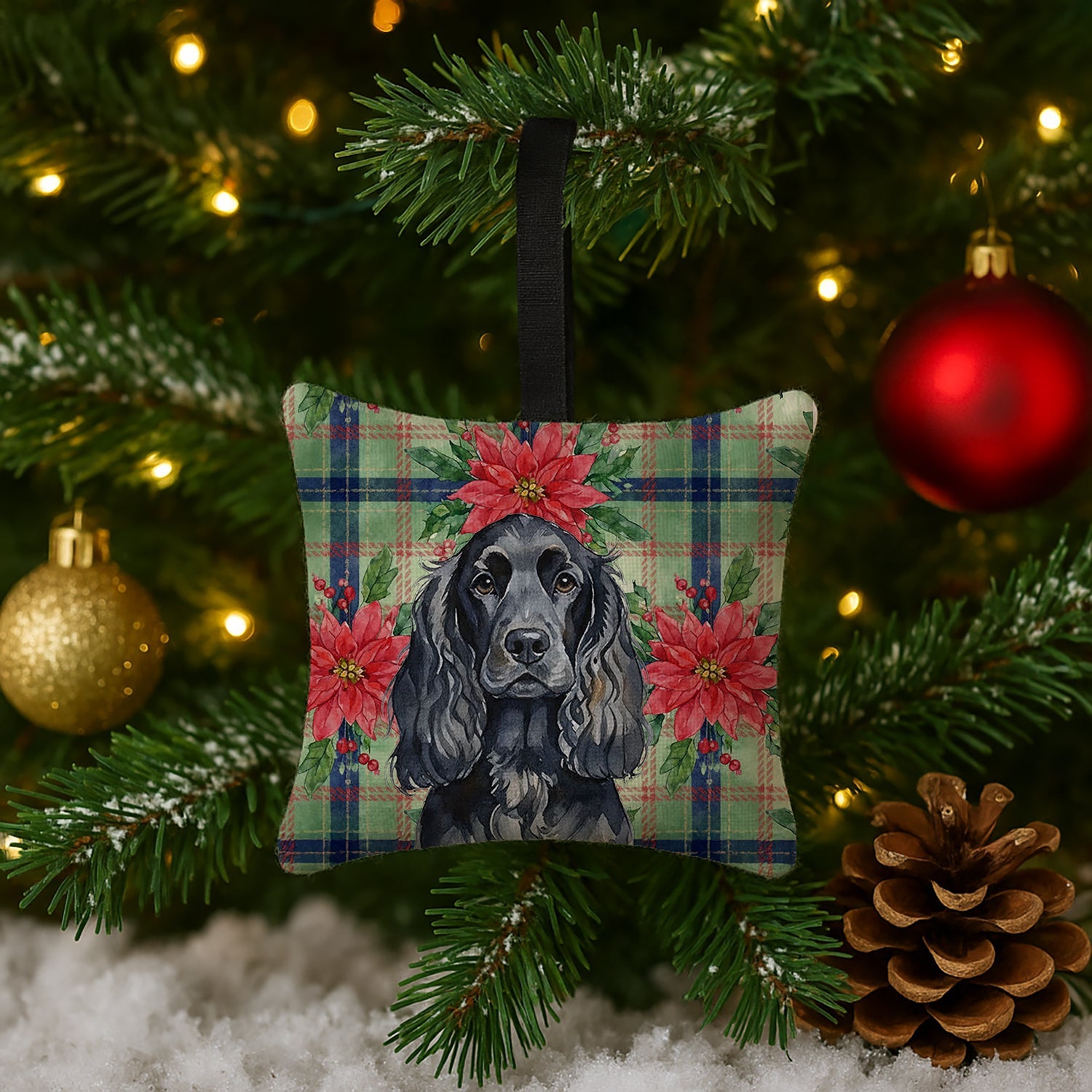 Black English Cocker Spaniel Christmas PoinsettIas Hanging Square Fabric Ornament 3.5 � 3.5 Decorative Door-Knob & Tree Hanger, Soft Fabric