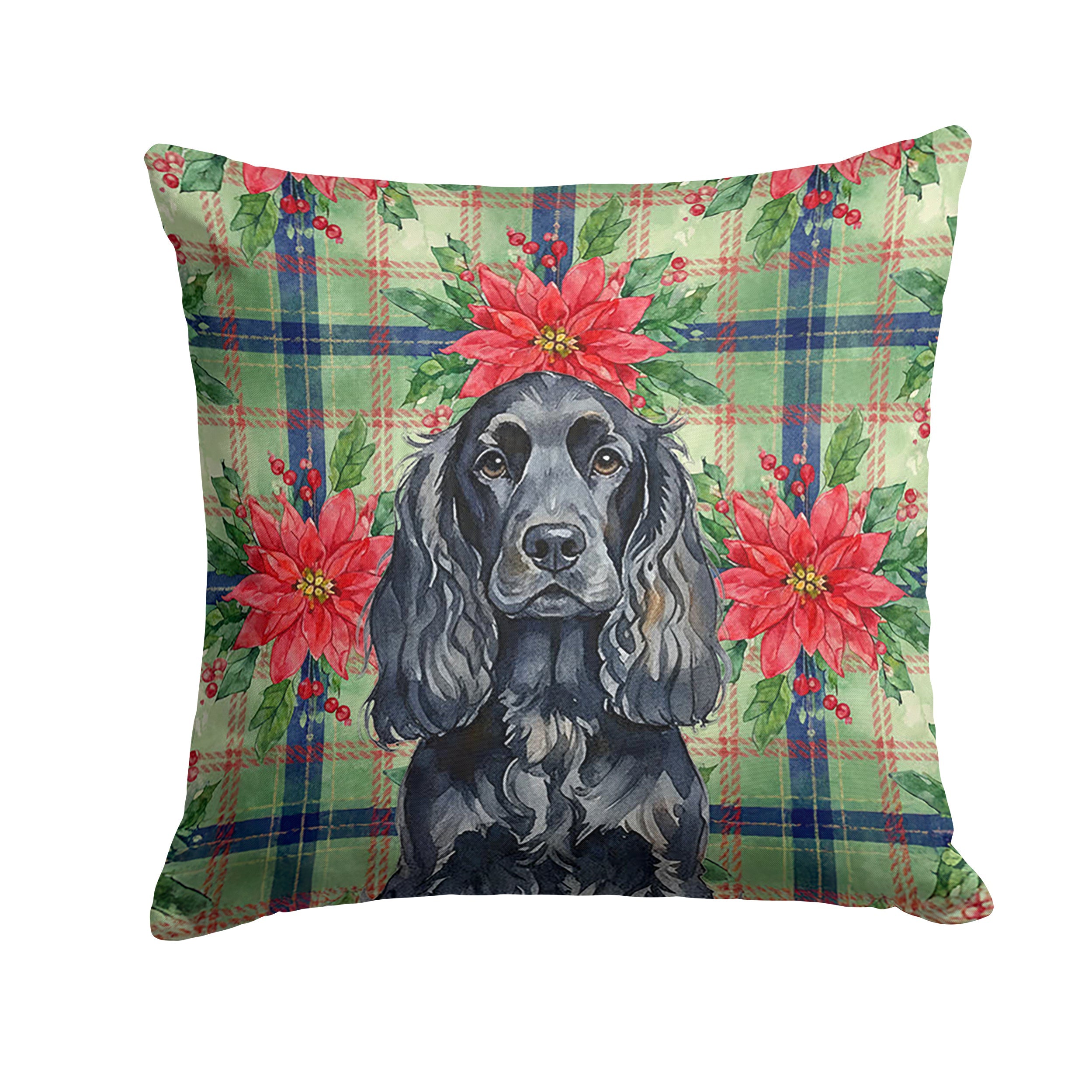 Black English Cocker Spaniel Christmas PoinsettIas Decorative Throw Pillow 14x14 Indoor Outdoor Accent Cushion, Fabric Cover with Insert for Sofa, Bed, Porch & Living Room