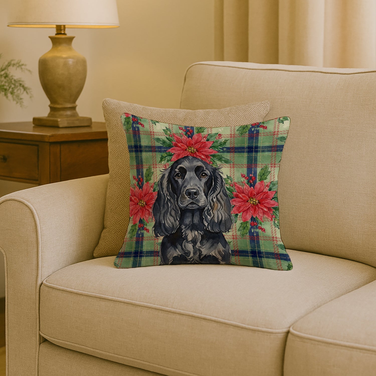 Black English Cocker Spaniel Christmas PoinsettIas Decorative Throw Pillow 18x18 Indoor Outdoor Accent Cushion, Fabric Cover with Insert for Sofa, Bed, Porch & Living Room