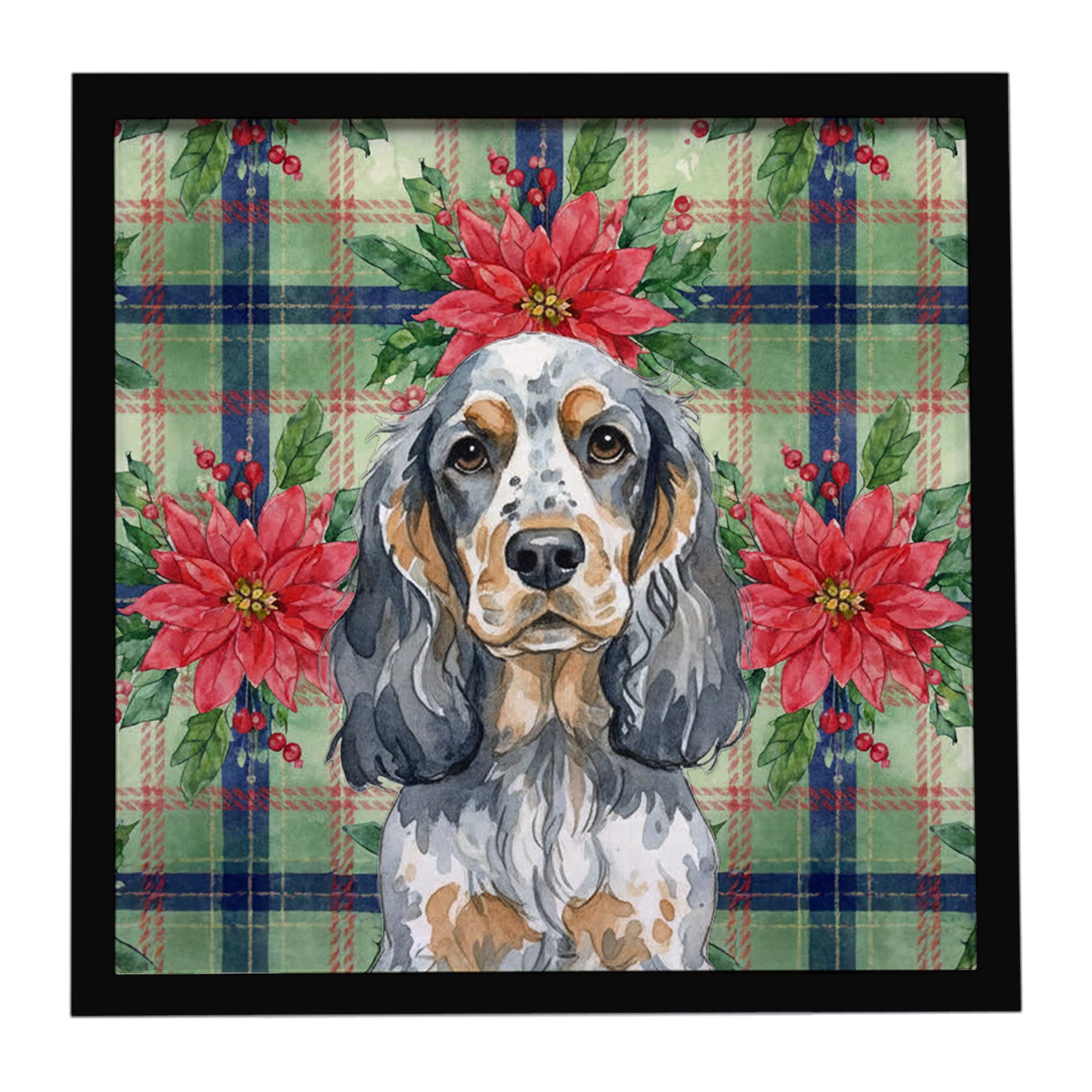 Blue Roan & Tan English Cocker Spaniel Christmas PoinsettIas Framed Metal Print Bathroom, Kitchen, Office, Home Decor Wall Art Ready to Hang, Square, 8X8