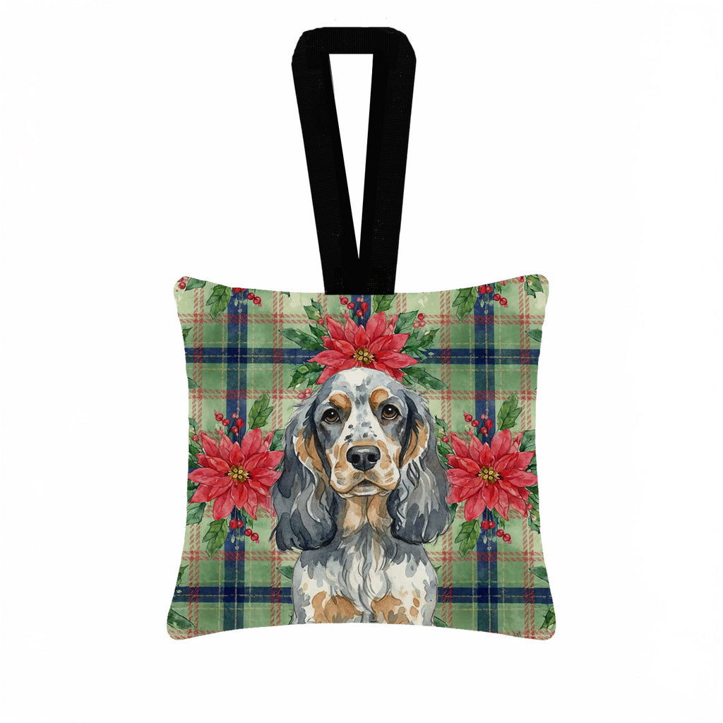Blue Roan & Tan English Cocker Spaniel Christmas PoinsettIas Hanging Square Fabric Ornament 3.5 � 3.5 Decorative Door-Knob & Tree Hanger, Soft Fabric