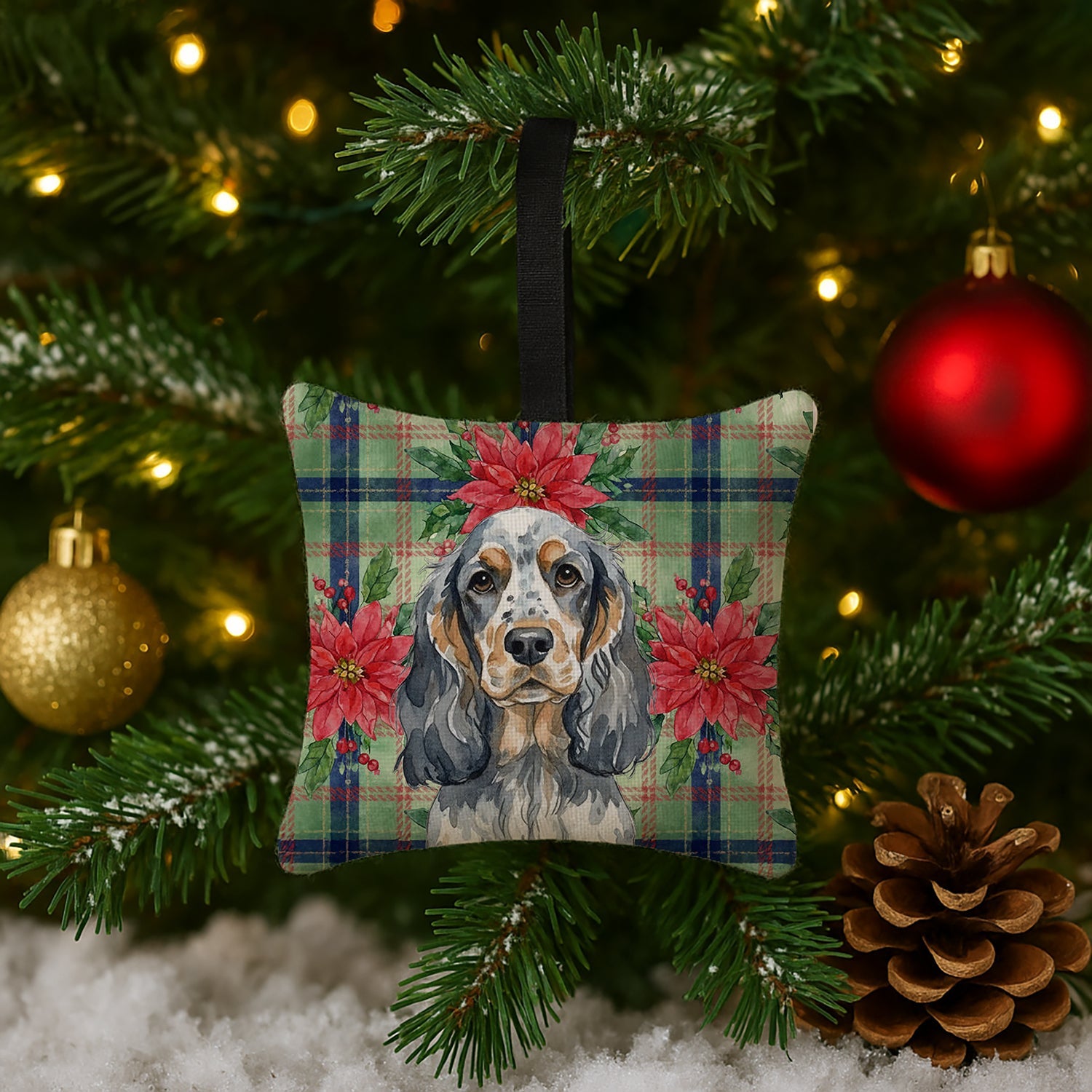 Blue Roan & Tan English Cocker Spaniel Christmas PoinsettIas Hanging Square Fabric Ornament 3.5 � 3.5 Decorative Door-Knob & Tree Hanger, Soft Fabric