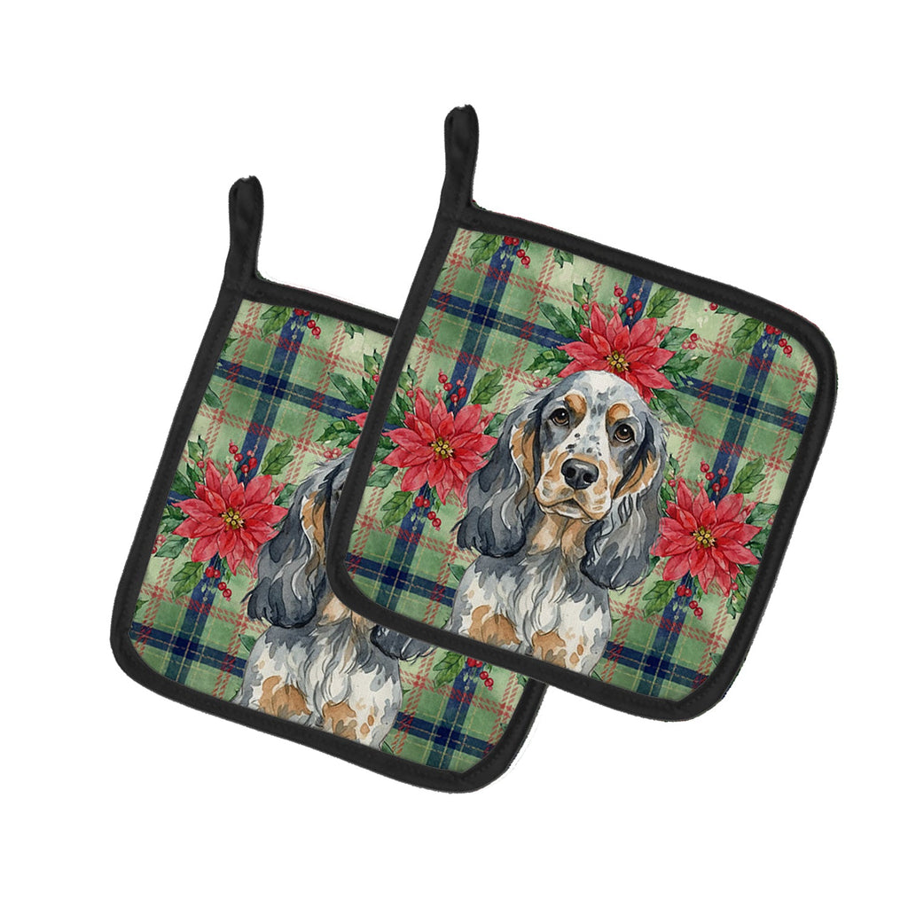 Blue Roan & Tan English Cocker Spaniel Christmas PoinsettIas Pot Holder Set of 2 Heat Resistant Quilted Hot Pads 7.5 x 7.5 Inch, Insulated Kitchen Trivets for Cooking & Baking