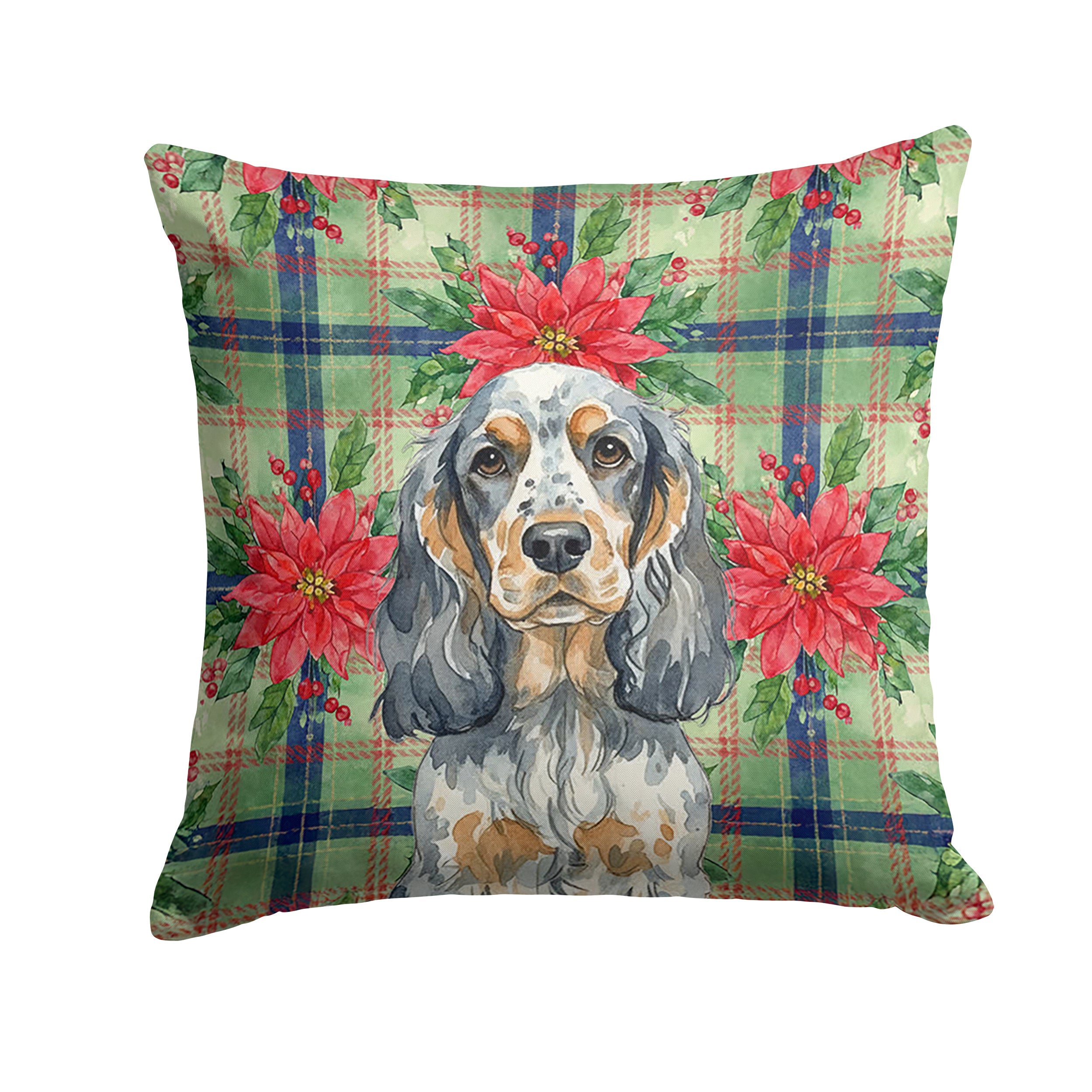 Blue Roan & Tan English Cocker Spaniel Christmas PoinsettIas Decorative Throw Pillow 14x14 Indoor Outdoor Accent Cushion, Fabric Cover with Insert for Sofa, Bed, Porch & Living Room