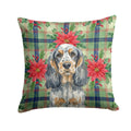 Blue Roan & Tan English Cocker Spaniel Christmas PoinsettIas Decorative Throw Pillow 18x18 Indoor Outdoor Accent Cushion, Fabric Cover with Insert for Sofa, Bed, Porch & Living Room