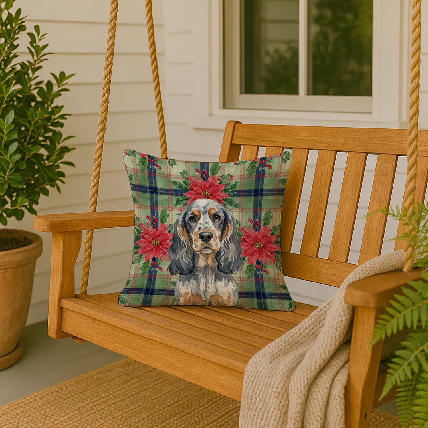 Blue Roan & Tan English Cocker Spaniel Christmas PoinsettIas Decorative Throw Pillow 18x18 Indoor Outdoor Accent Cushion, Fabric Cover with Insert for Sofa, Bed, Porch & Living Room