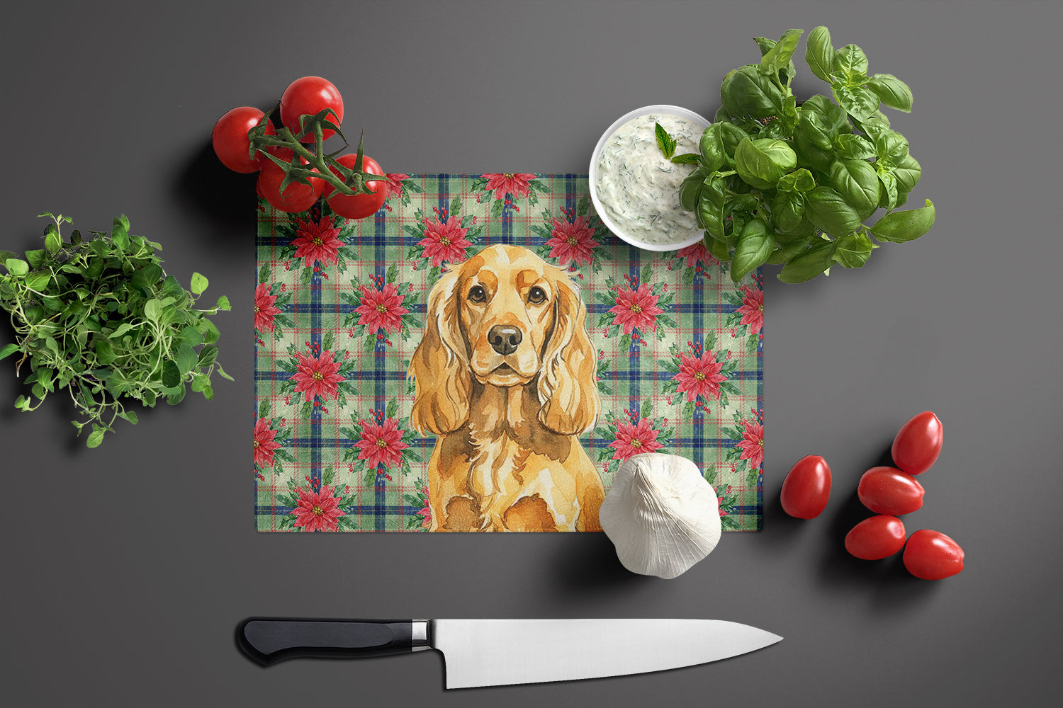 Golden English Cocker Spaniel Christmas PoinsettIas Cutting Board Tempered Glass Kitchen Cutting Surface, Heat Resistant Chopping, Non-Slip Feet, Food Prep & Serving