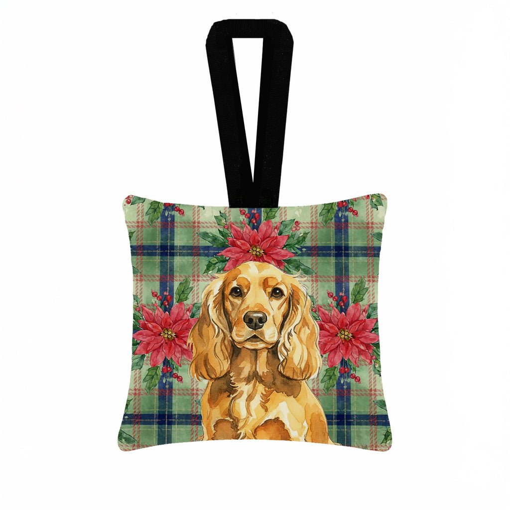 Golden English Cocker Spaniel Christmas PoinsettIas Hanging Square Fabric Ornament 3.5 � 3.5 Decorative Door-Knob & Tree Hanger, Soft Fabric
