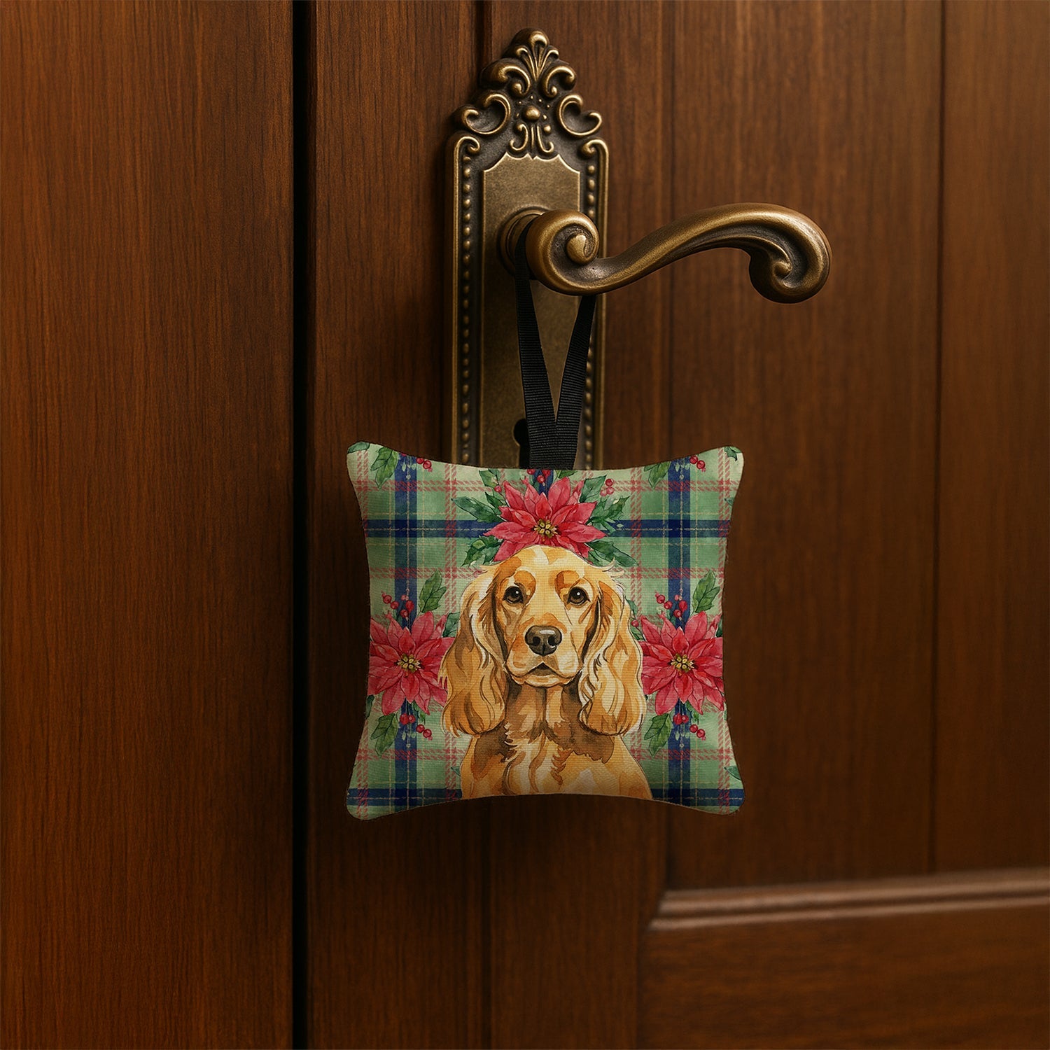 Golden English Cocker Spaniel Christmas PoinsettIas Hanging Square Fabric Ornament 3.5 � 3.5 Decorative Door-Knob & Tree Hanger, Soft Fabric