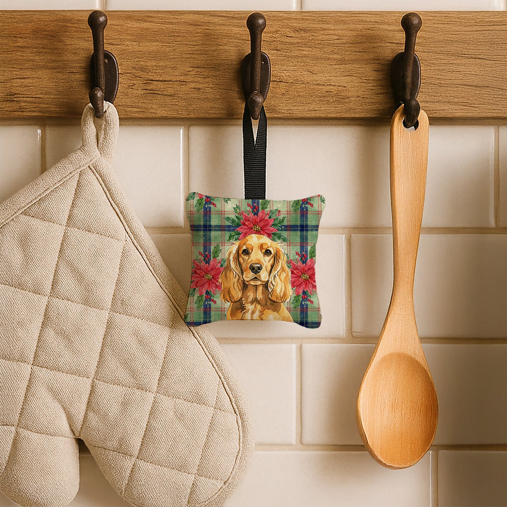 Golden English Cocker Spaniel Christmas PoinsettIas Hanging Square Fabric Ornament 3.5 � 3.5 Decorative Door-Knob & Tree Hanger, Soft Fabric