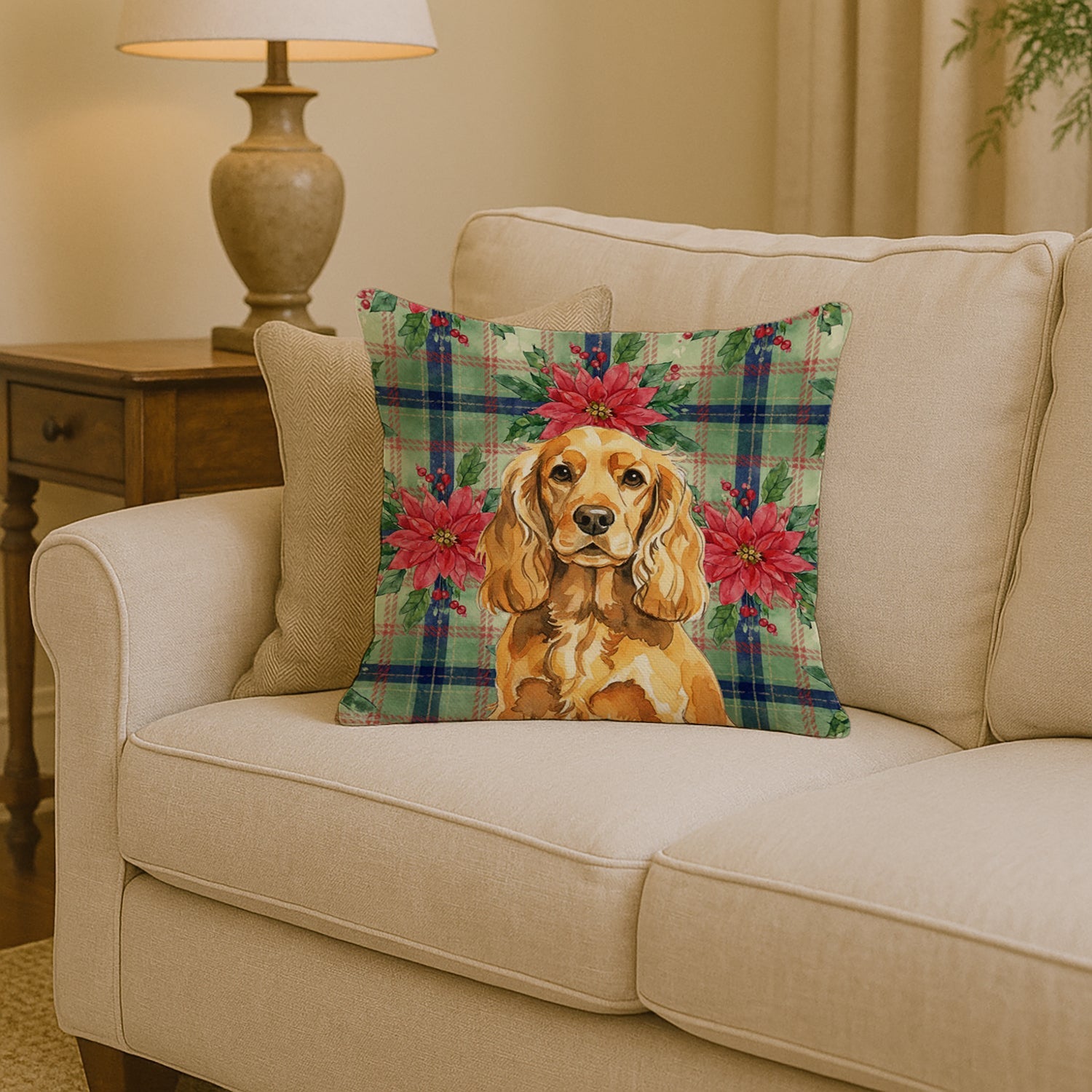 Golden English Cocker Spaniel Christmas PoinsettIas Decorative Throw Pillow 14x14 Indoor Outdoor Accent Cushion, Fabric Cover with Insert for Sofa, Bed, Porch & Living Room