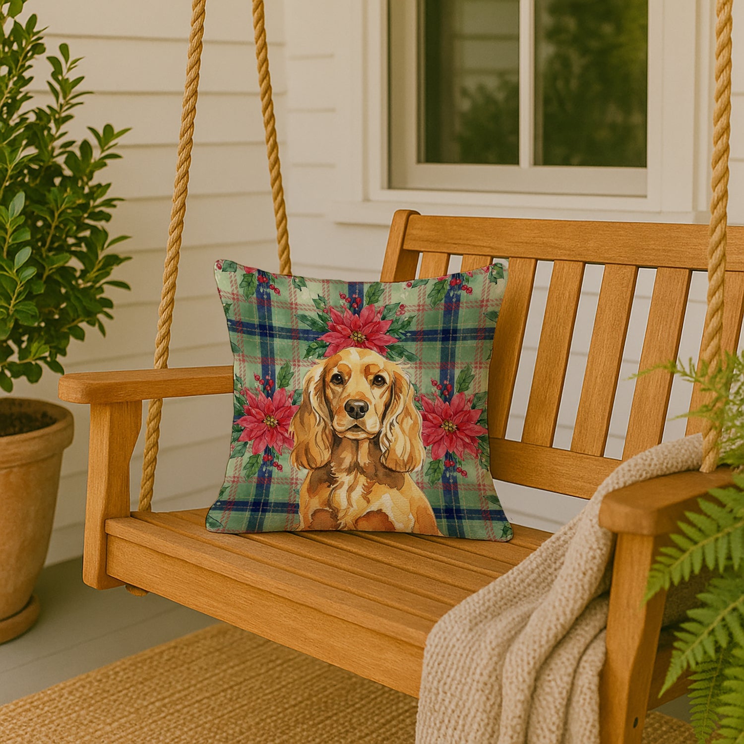 Golden English Cocker Spaniel Christmas PoinsettIas Decorative Throw Pillow 18x18 Indoor Outdoor Accent Cushion, Fabric Cover with Insert for Sofa, Bed, Porch & Living Room