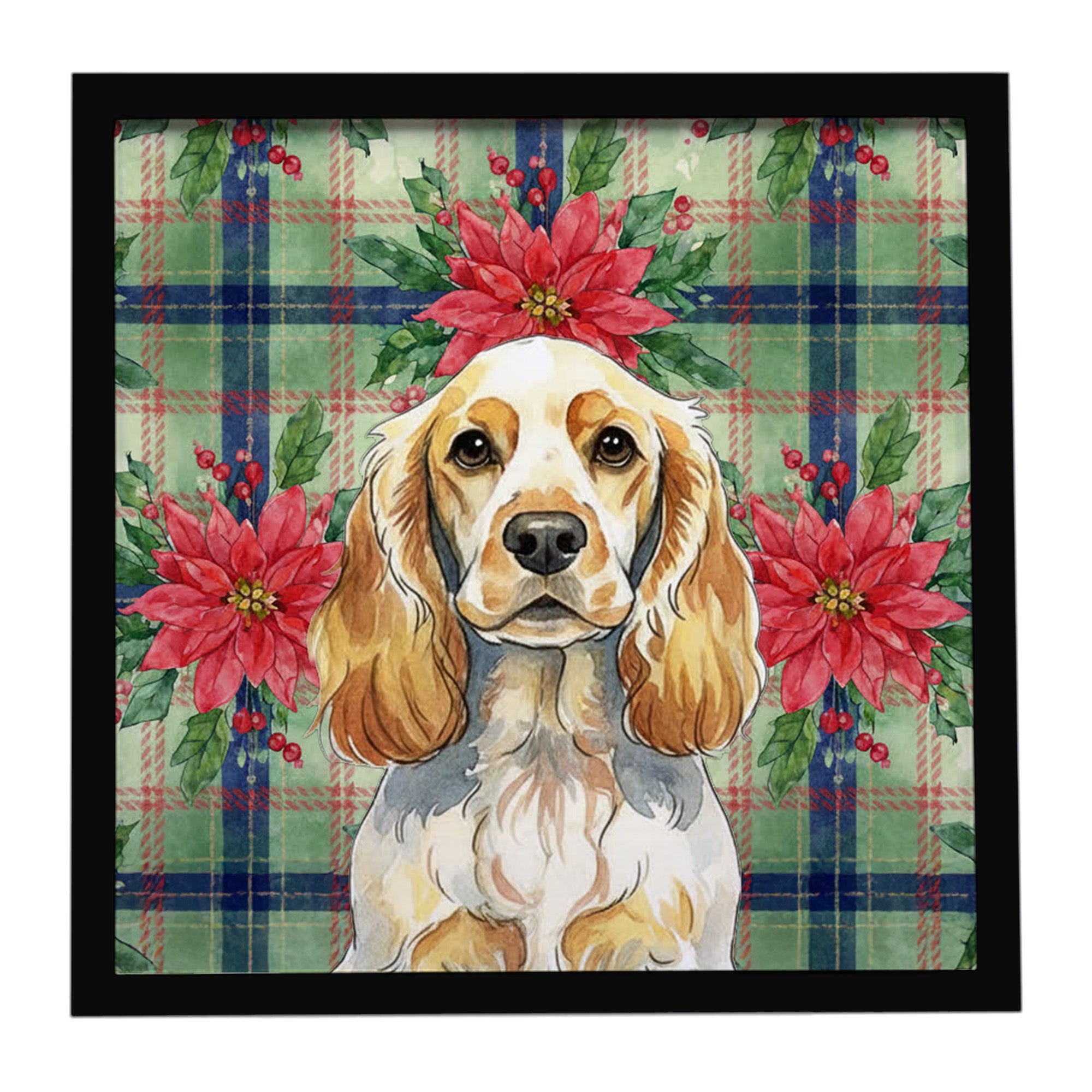 Lemon Roan English Cocker Spaniel Christmas PoinsettIas Framed Metal Print Bathroom, Kitchen, Office, Home Decor Wall Art Ready to Hang, Square, 8X8