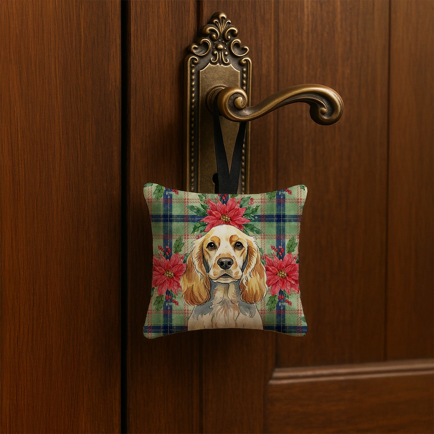 Lemon Roan English Cocker Spaniel Christmas PoinsettIas Hanging Square Fabric Ornament 3.5 � 3.5 Decorative Door-Knob & Tree Hanger, Soft Fabric