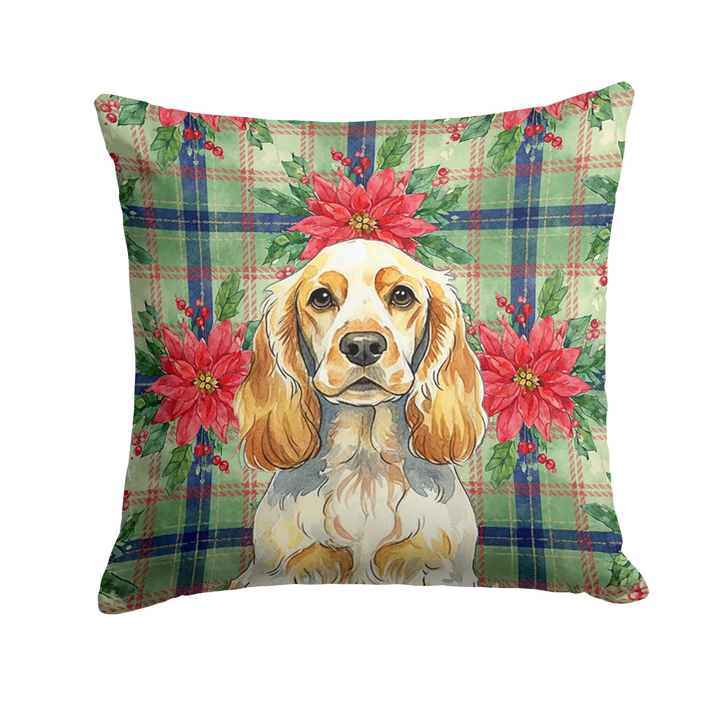Lemon Roan English Cocker Spaniel Christmas PoinsettIas Decorative Throw Pillow 14x14 Indoor Outdoor Accent Cushion, Fabric Cover with Insert for Sofa, Bed, Porch & Living Room