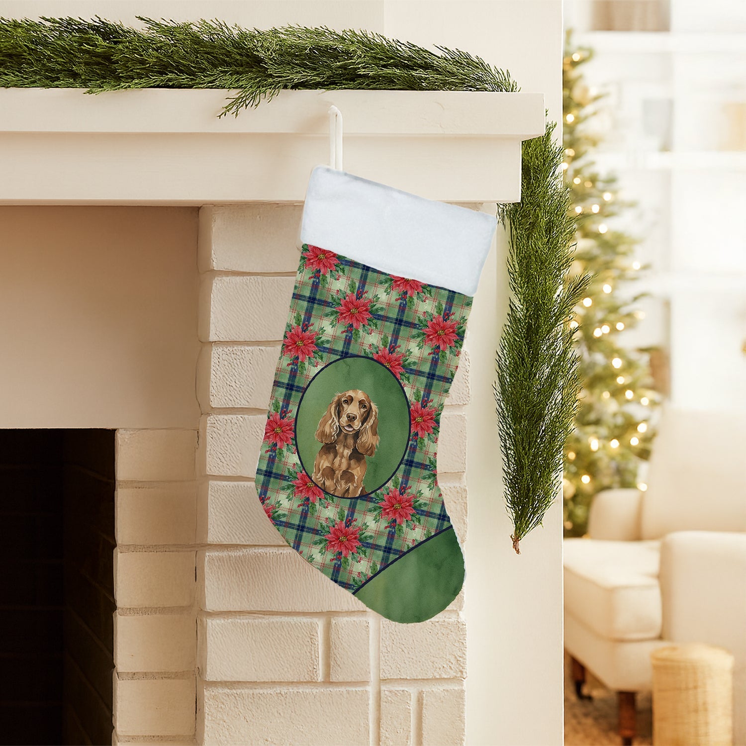 Liver English Cocker Spaniel Christmas PoinsettIas Holiday Stocking Double-Sided Print, Polyester Suede,11x18, Made in USA