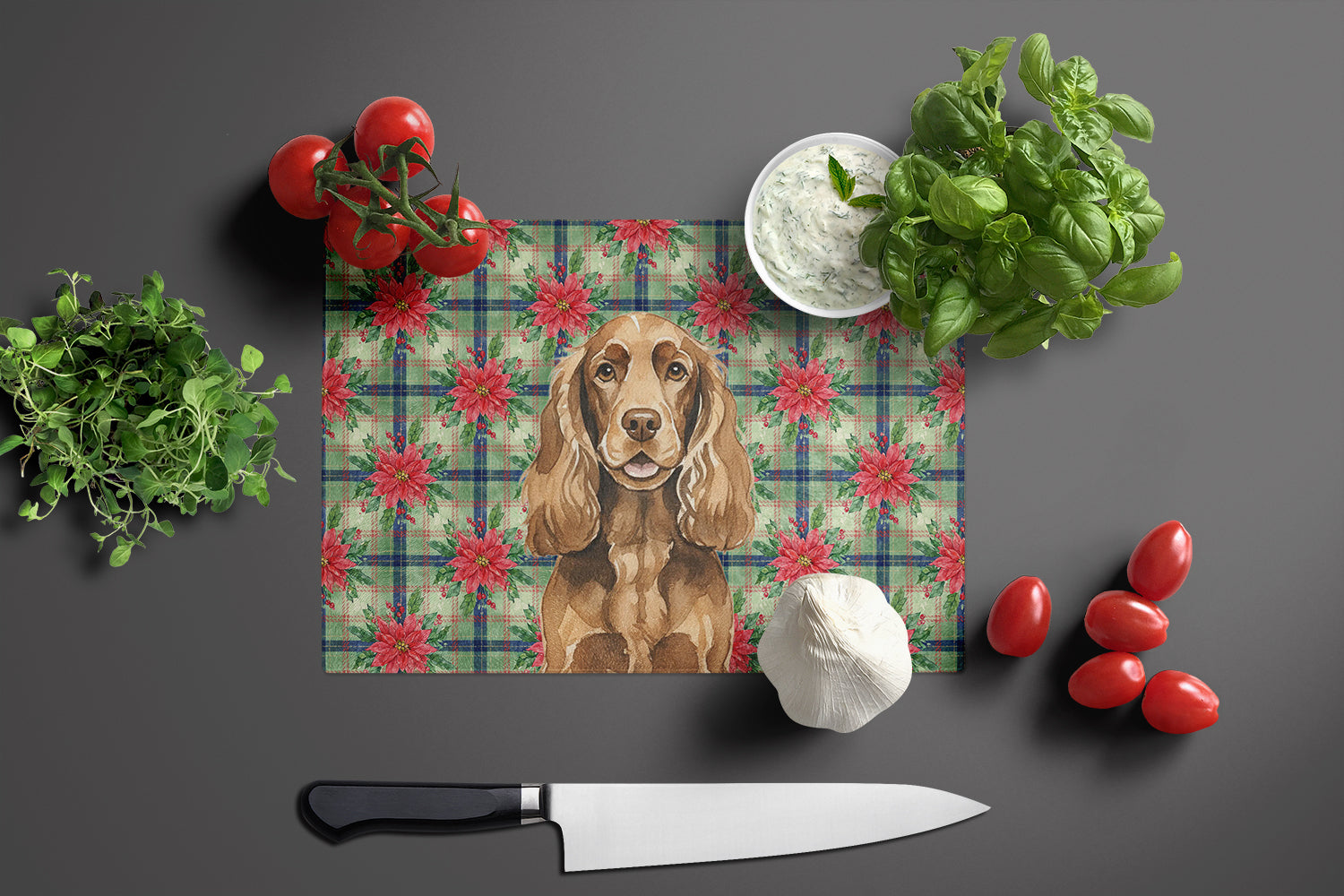 Liver English Cocker Spaniel Christmas PoinsettIas Cutting Board Tempered Glass Kitchen Cutting Surface, Heat Resistant Chopping, Non-Slip Feet, Food Prep & Serving