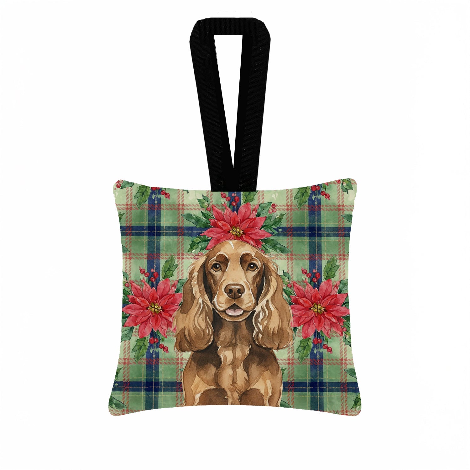 Liver English Cocker Spaniel Christmas PoinsettIas Hanging Square Fabric Ornament 3.5 � 3.5 Decorative Door-Knob & Tree Hanger, Soft Fabric