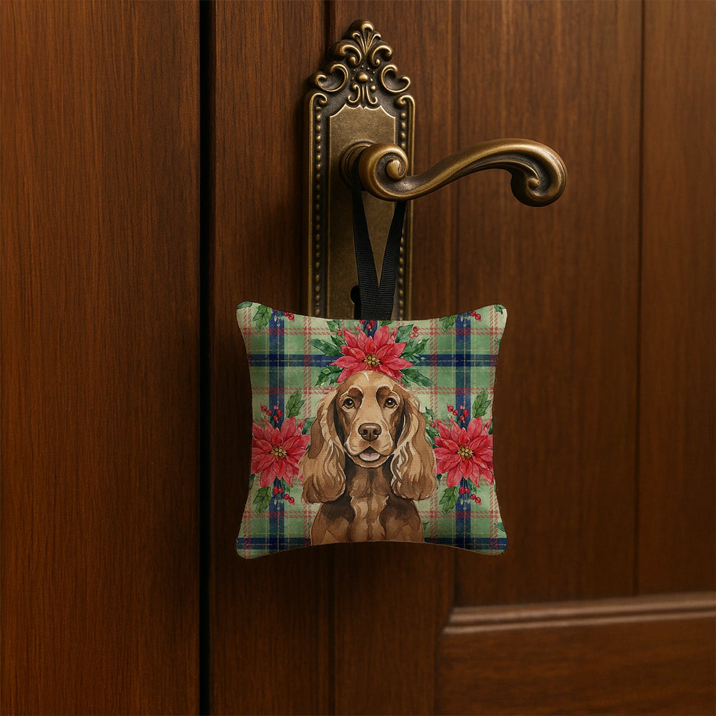 Liver English Cocker Spaniel Christmas PoinsettIas Hanging Square Fabric Ornament 3.5 � 3.5 Decorative Door-Knob & Tree Hanger, Soft Fabric