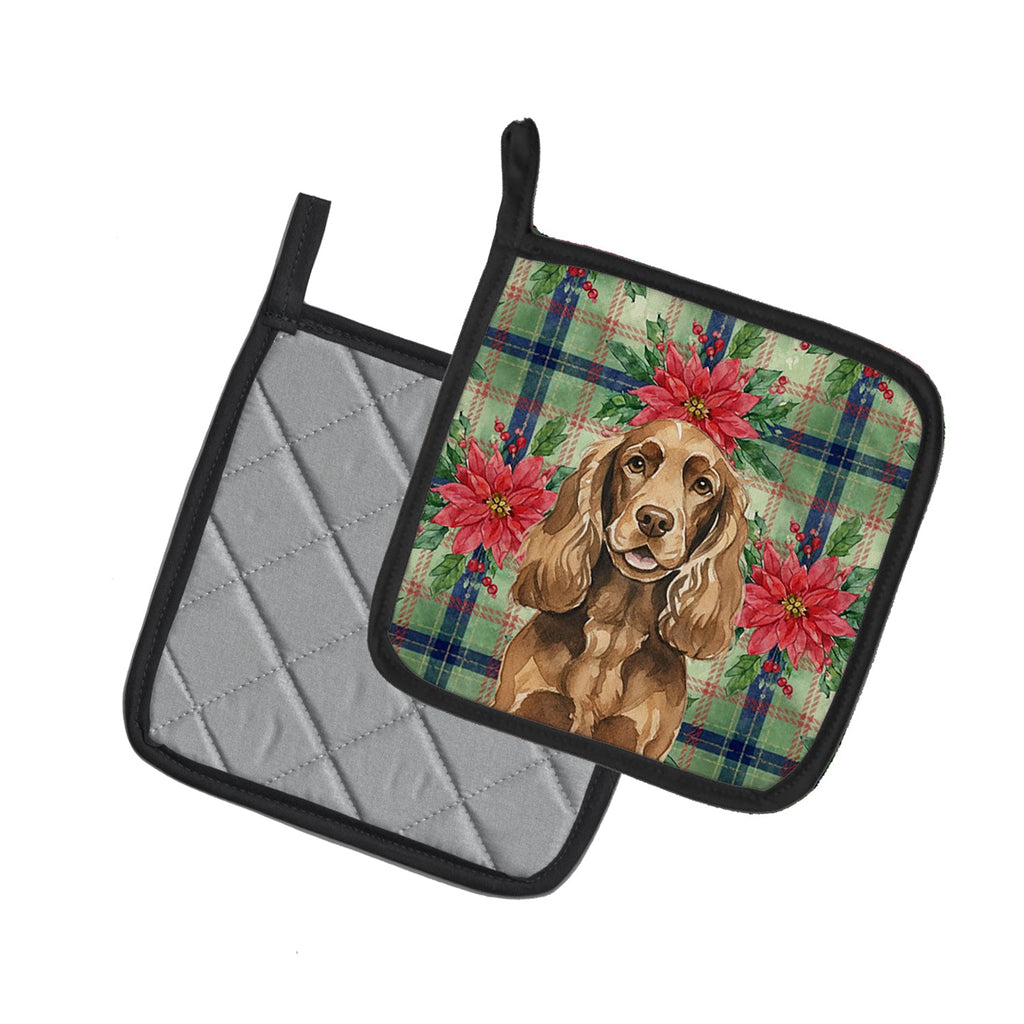 Liver English Cocker Spaniel Christmas PoinsettIas Pot Holder Set of 2 Heat Resistant Quilted Hot Pads 7.5 x 7.5 Inch, Insulated Kitchen Trivets for Cooking & Baking