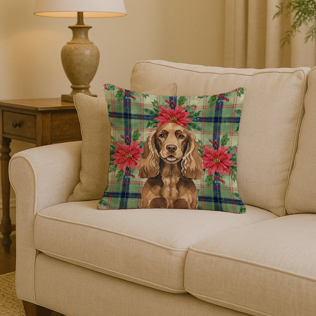 Liver English Cocker Spaniel Christmas PoinsettIas Decorative Throw Pillow 14x14 Indoor Outdoor Accent Cushion, Fabric Cover with Insert for Sofa, Bed, Porch & Living Room