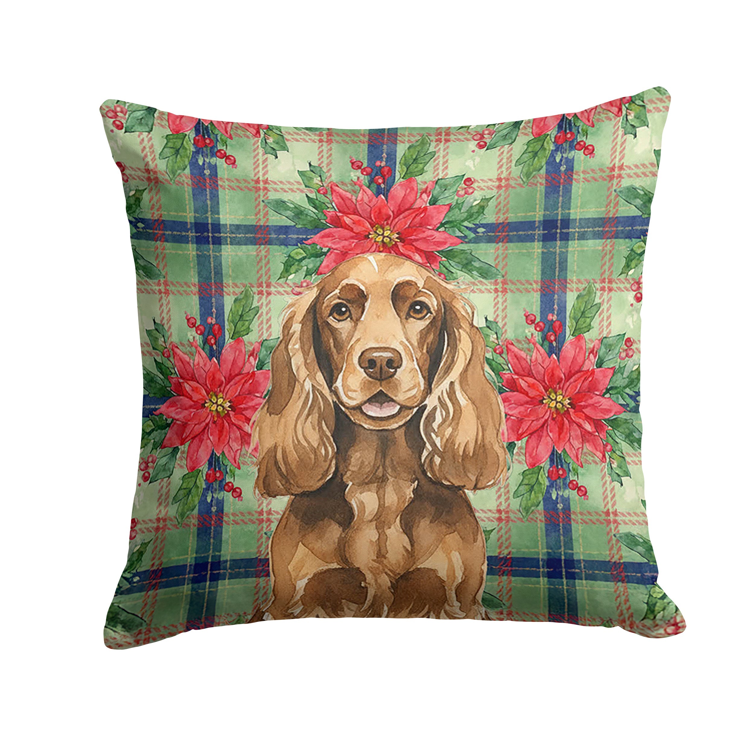 Liver English Cocker Spaniel Christmas PoinsettIas Decorative Throw Pillow 18x18 Indoor Outdoor Accent Cushion, Fabric Cover with Insert for Sofa, Bed, Porch & Living Room