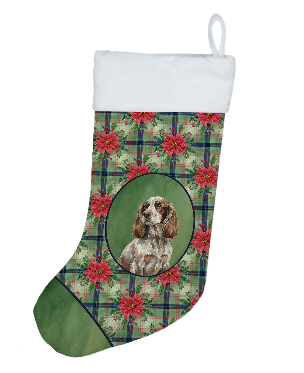 Liver Roan English Cocker Spaniel Christmas PoinsettIas Holiday Stocking Double-Sided Print, Polyester Suede,11x18, Made in USA