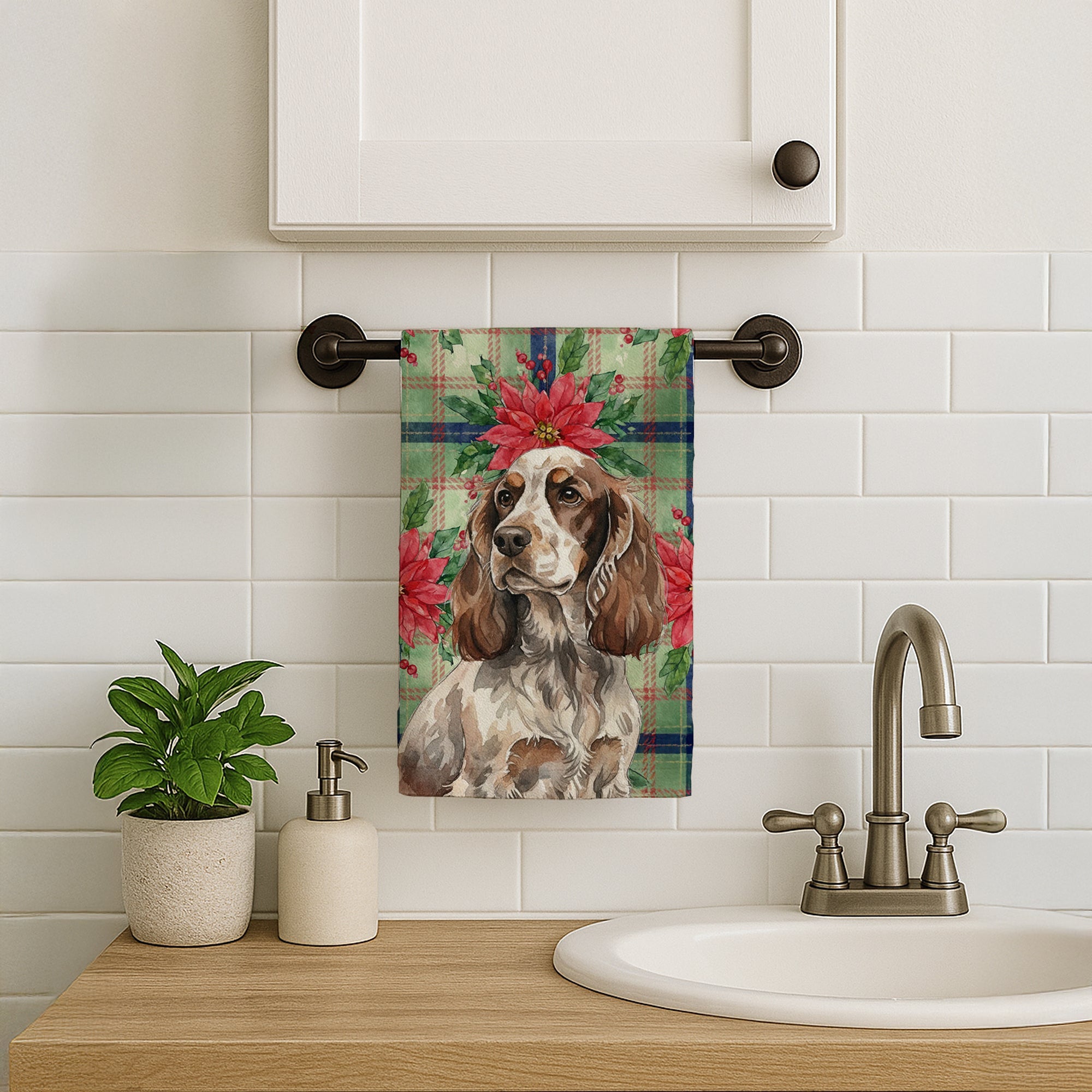 Liver Roan English Cocker Spaniel Christmas PoinsettIas Kitchen Towel Velour Plush Front and Cotton Loop Back Machine Washable