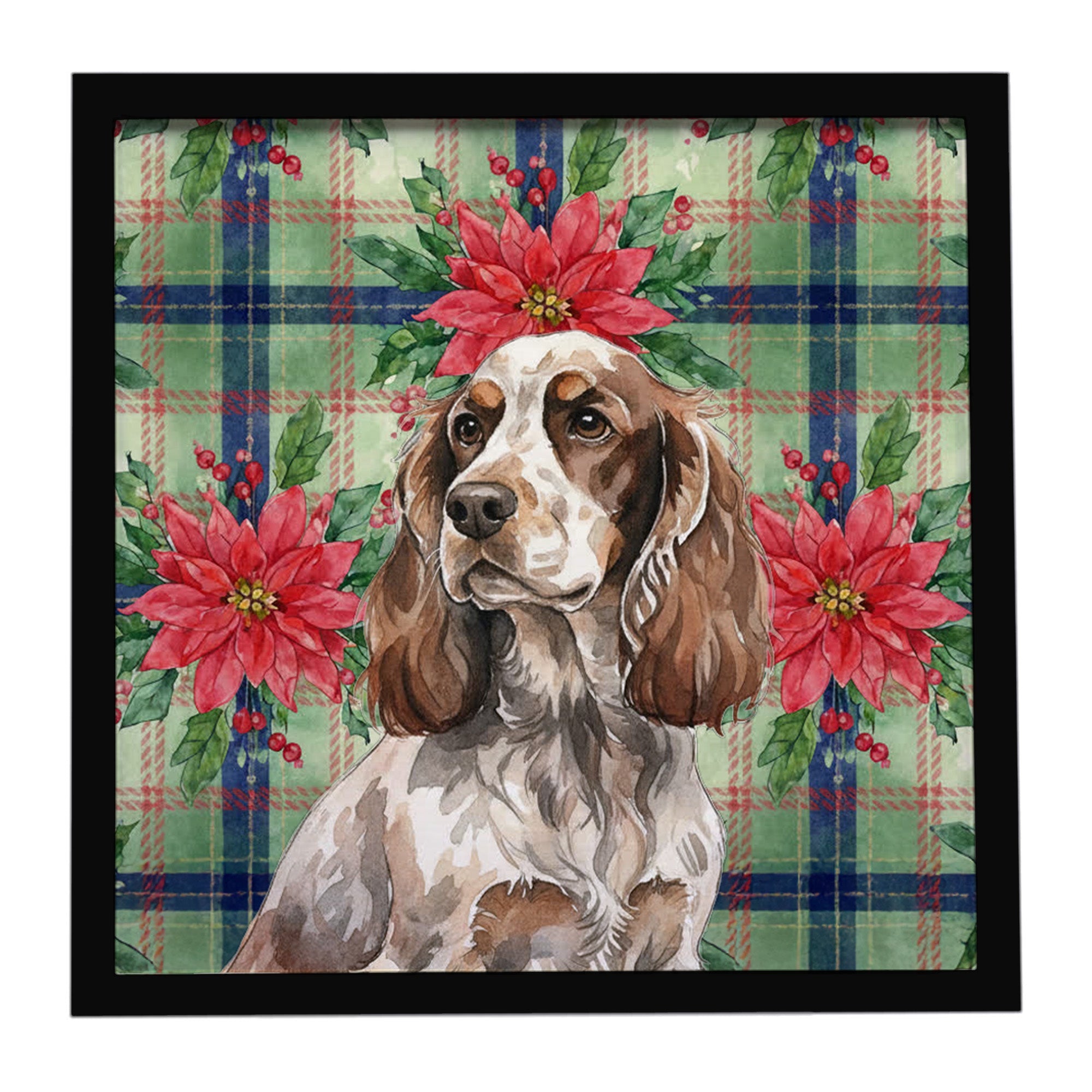 Liver Roan English Cocker Spaniel Christmas PoinsettIas Framed Metal Print Bathroom, Kitchen, Office, Home Decor Wall Art Ready to Hang, Square, 8X8
