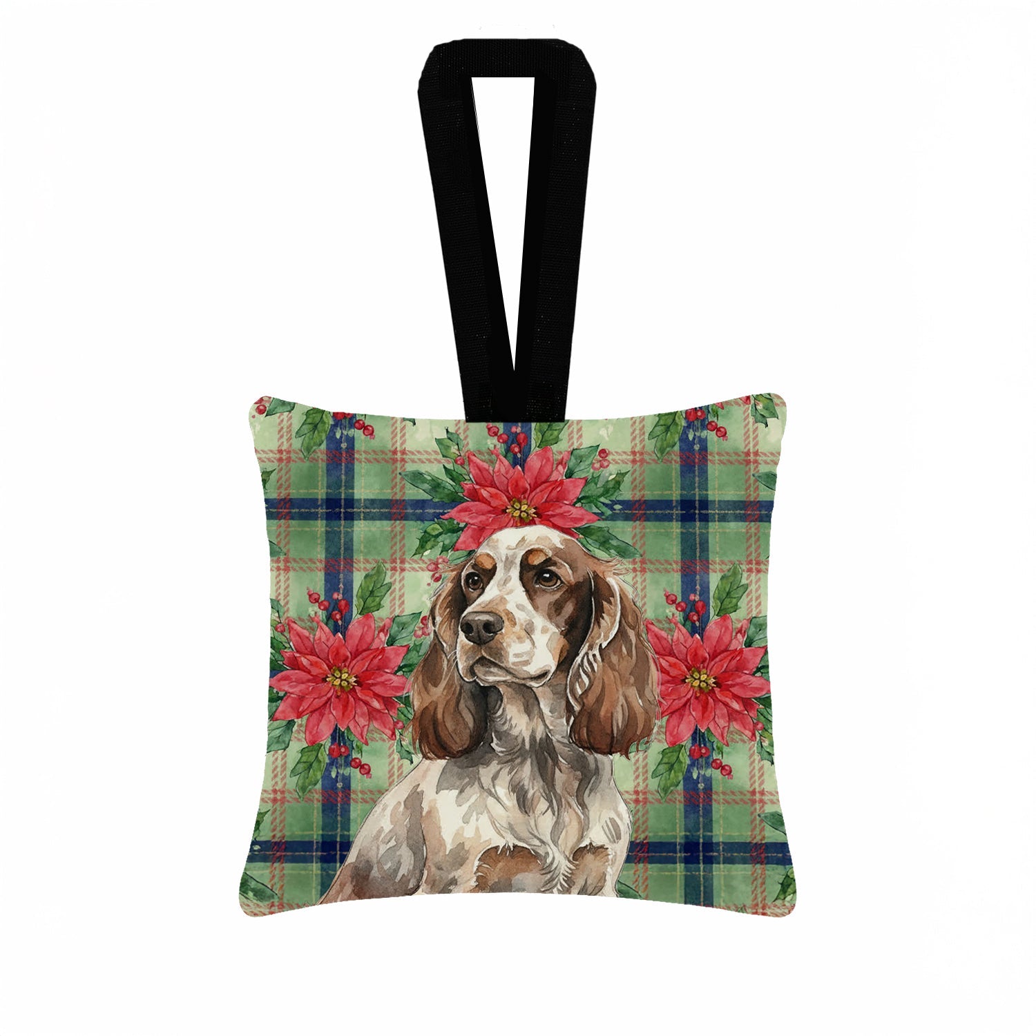 Liver Roan English Cocker Spaniel Christmas PoinsettIas Hanging Square Fabric Ornament 3.5 � 3.5 Decorative Door-Knob & Tree Hanger, Soft Fabric