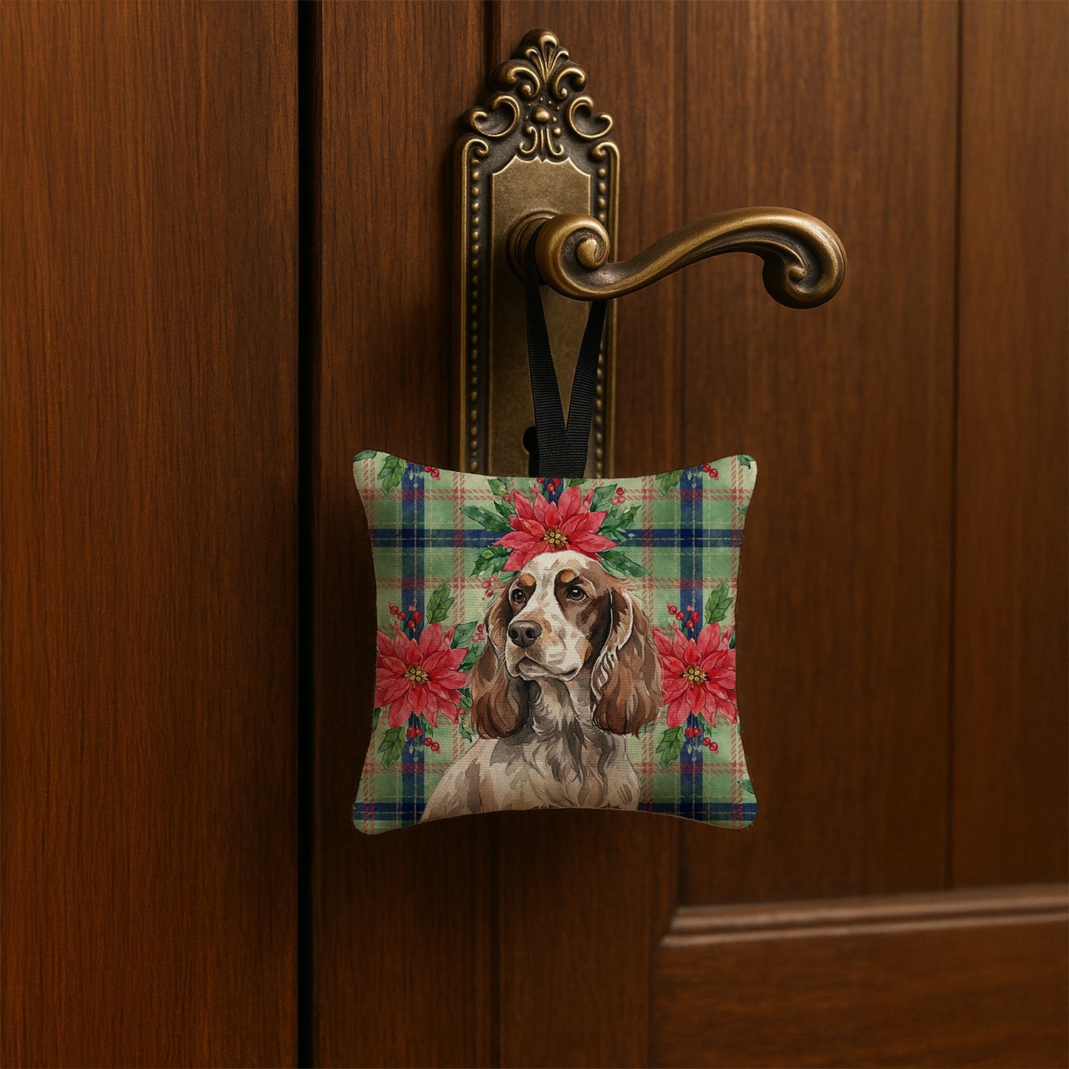 Liver Roan English Cocker Spaniel Christmas PoinsettIas Hanging Square Fabric Ornament 3.5 � 3.5 Decorative Door-Knob & Tree Hanger, Soft Fabric