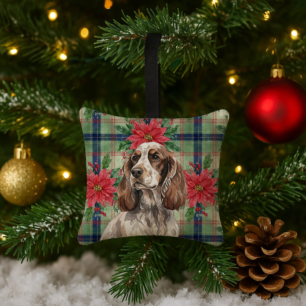 Liver Roan English Cocker Spaniel Christmas PoinsettIas Hanging Square Fabric Ornament 3.5 � 3.5 Decorative Door-Knob & Tree Hanger, Soft Fabric
