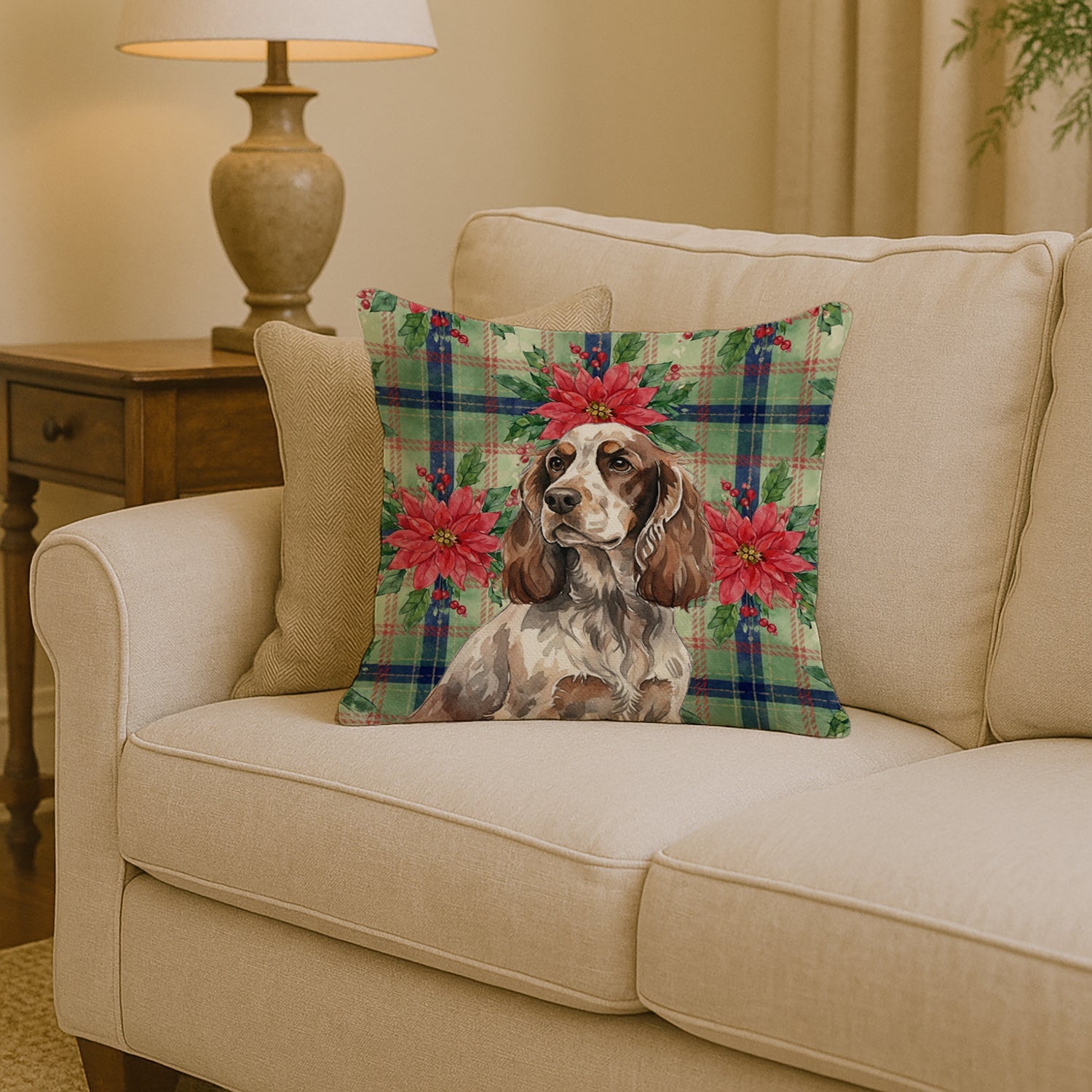 Liver Roan English Cocker Spaniel Christmas PoinsettIas Decorative Throw Pillow 14x14 Indoor Outdoor Accent Cushion, Fabric Cover with Insert for Sofa, Bed, Porch & Living Room